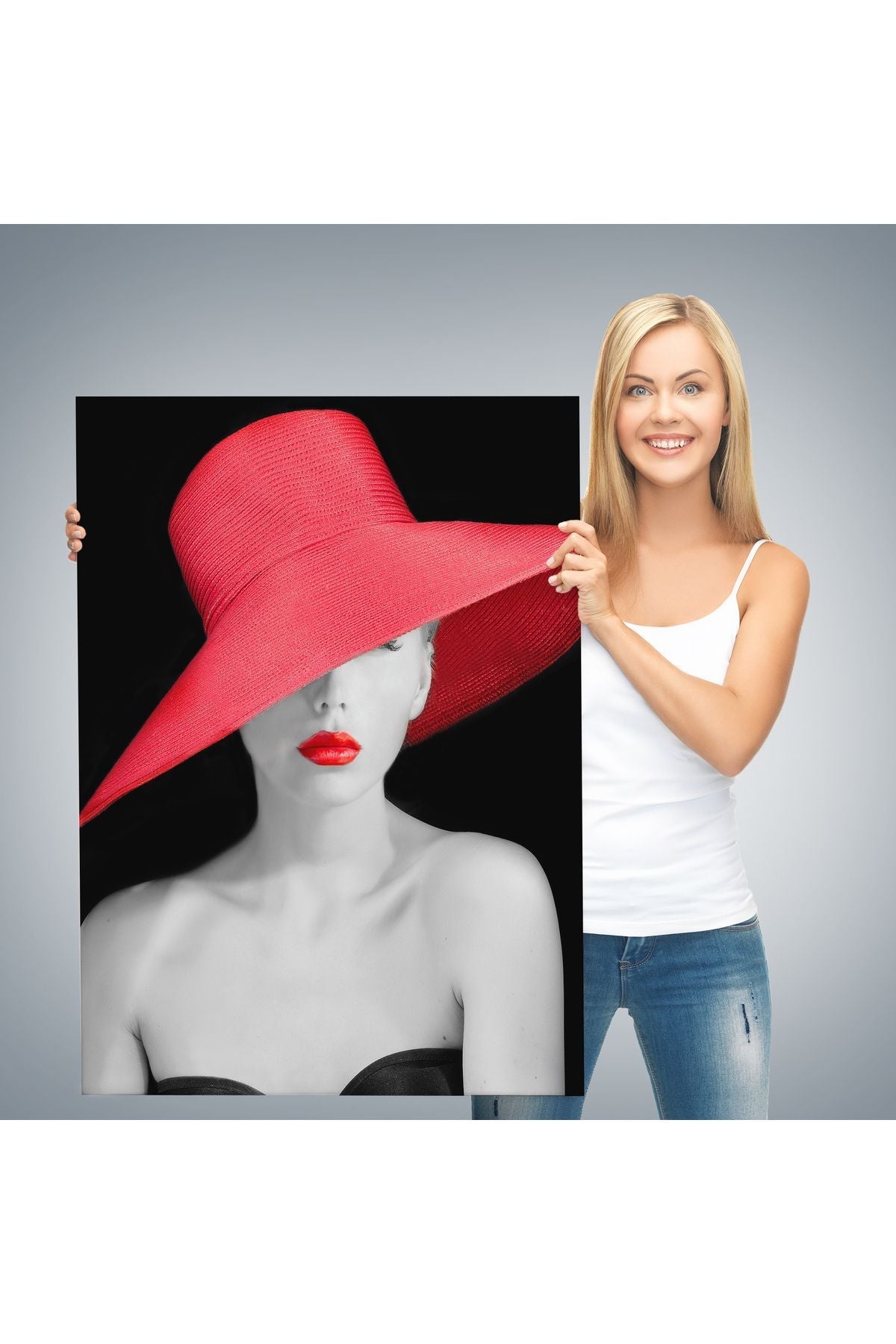 Kırmızı Rujlu ve Kırmızı Şapkalı Zarif Genç Kadın Kanvas Tablosu-4974