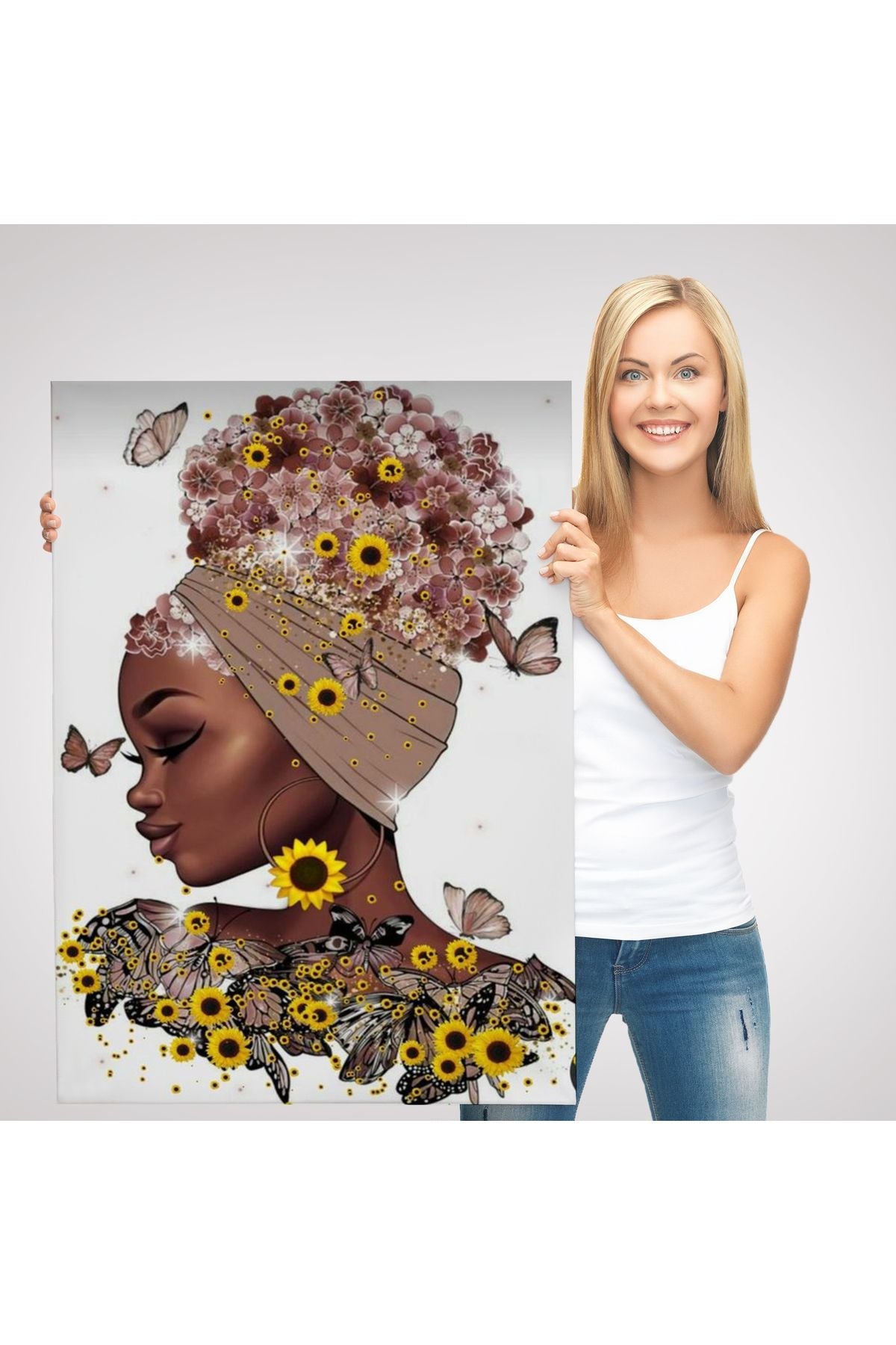 Kanvas Tablo, Duvar Dekoru, Afrikalı Güzel Kadın ve Çiçekler 6038 BUNGKNV