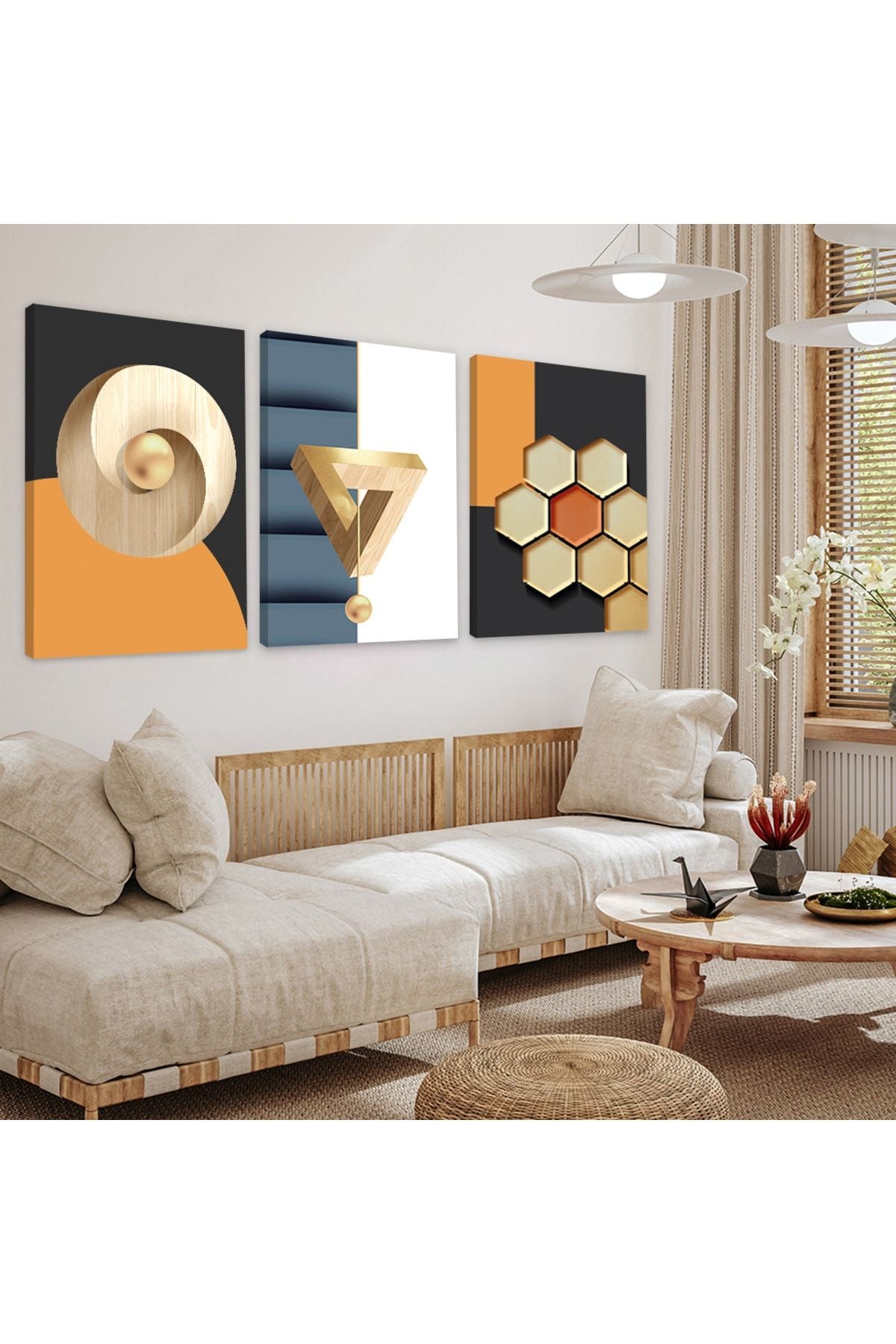 Şekiller Soyut Desen 3'Lü Kanvas Tablo