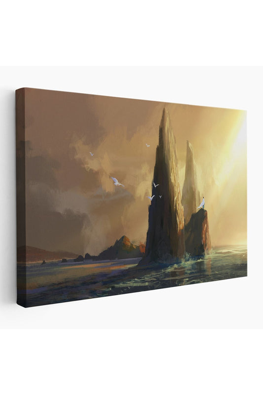 Kayaların Üzerinden Okyanusu İzleyen Beyaz Pelerinli Kadın Kanvas Tablo-5091