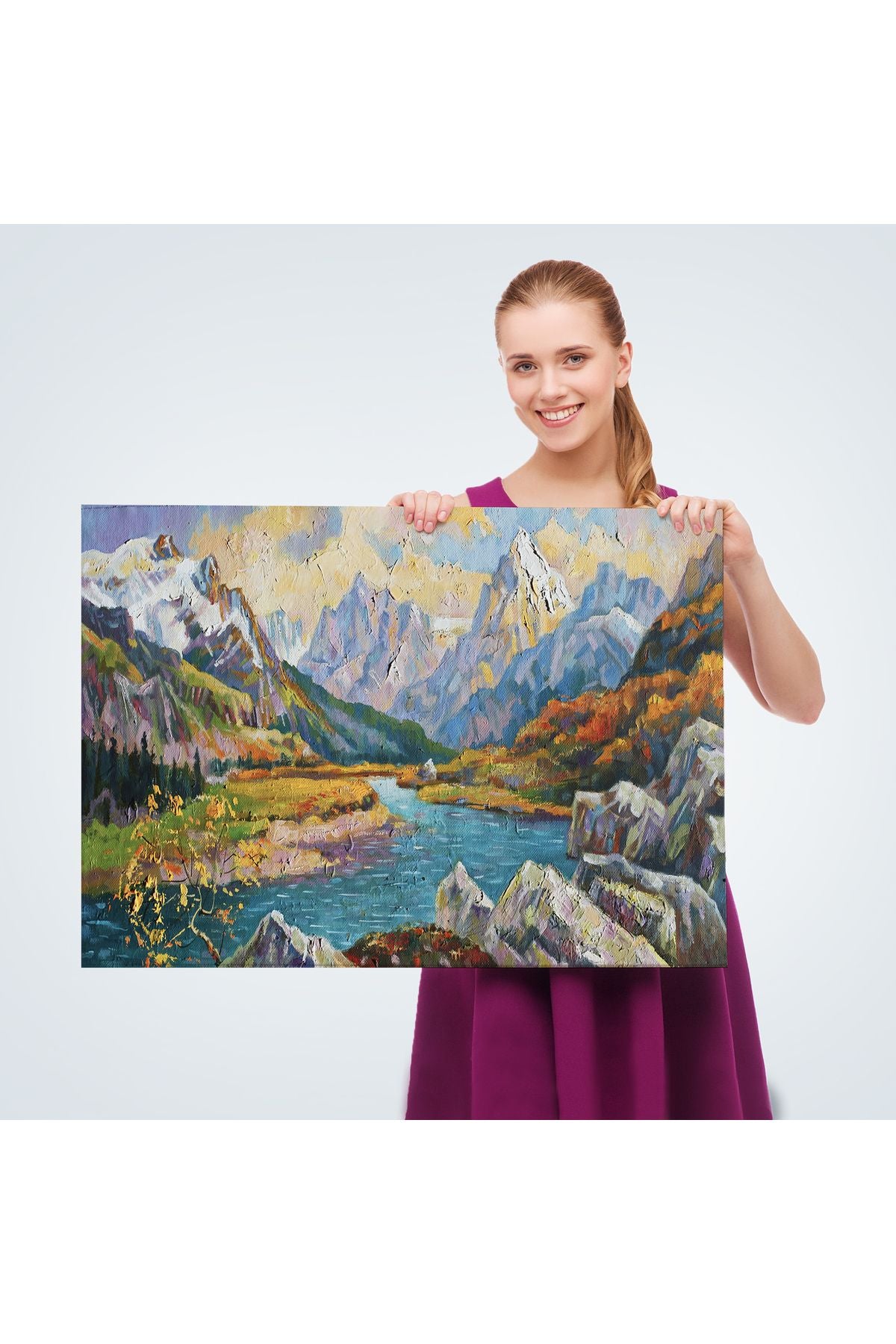 Kafkas Dağları Manzaralı, Doğa, Yağlıboya Görünüm, Dekoratif, Kanvas Tablo, Duvar Tablosu -3603