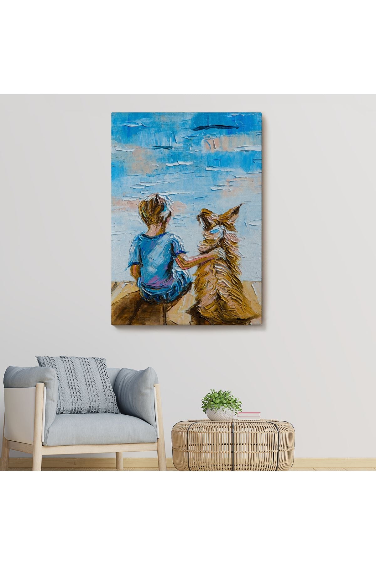 Göl Kenarında Oturan Çocuk ve Köpeği Duvar Tablo-5984