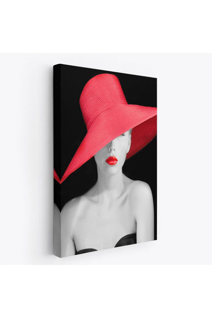 Kırmızı Rujlu ve Kırmızı Şapkalı Zarif Genç Kadın Kanvas Tablosu-4974