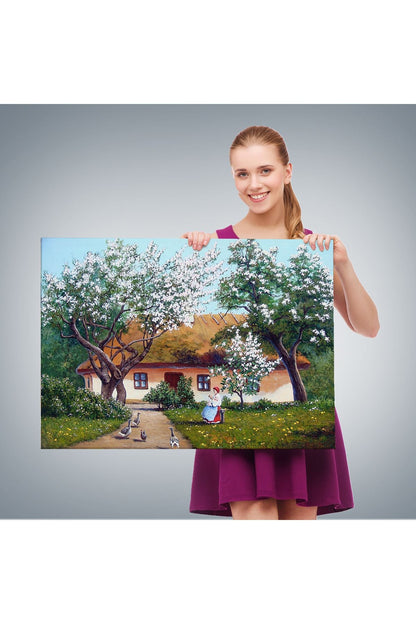 İlkbahar Köy Evi Yağlıboya Görünüm Dekoratif Kanvas Duvar Tablosu-3514