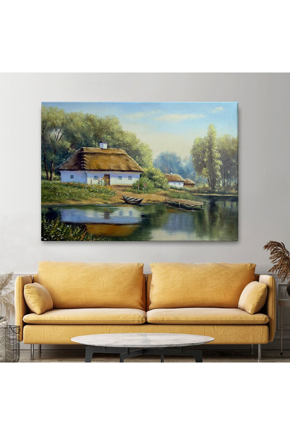 Göl Manzaralı Köy Evi Yağlıboya Görünüm Dekoratif Kanvas Duvar Tablosu-3510