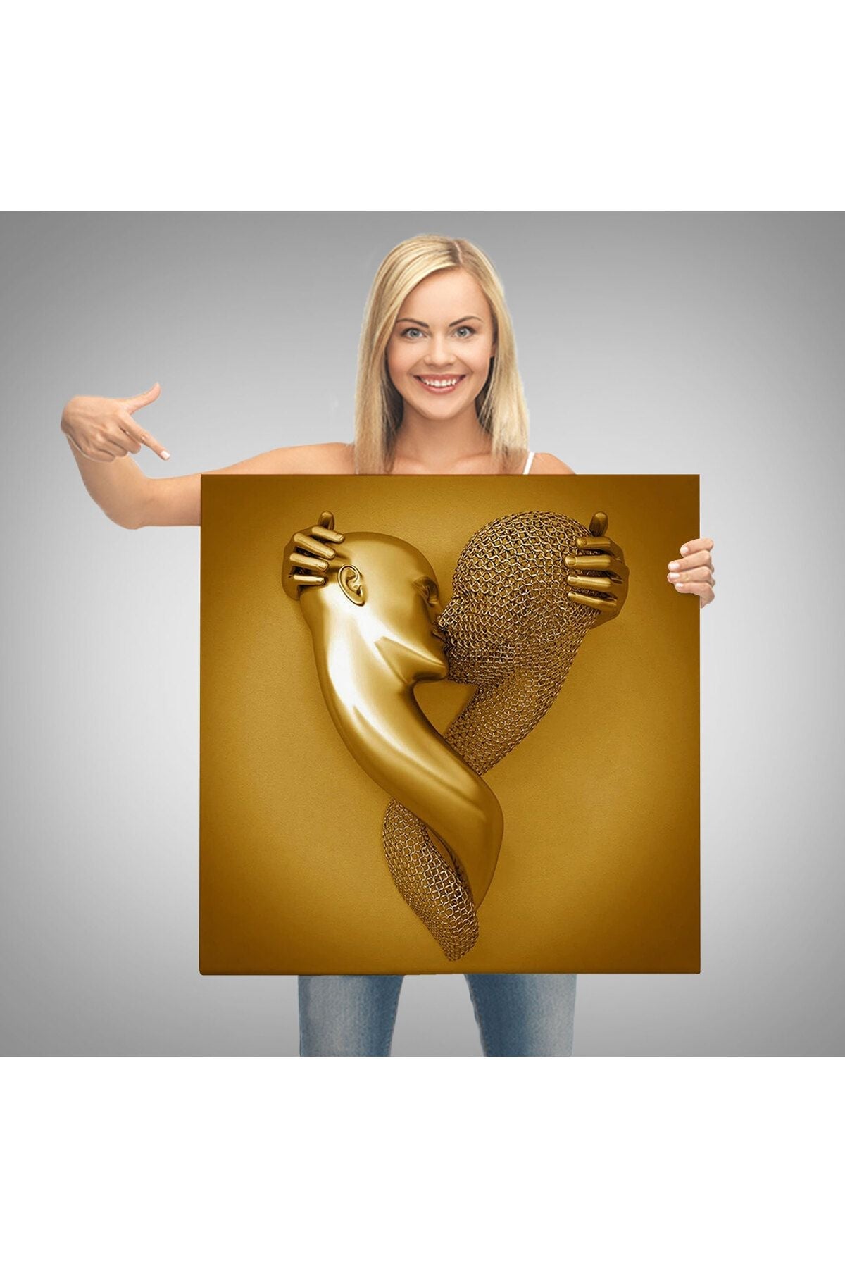KanvasTablo, Aşk Sanatı Altın Duvar Dekoru, Altın Efektli 3D Kanvas Tablo-5367