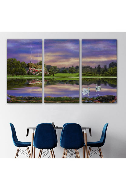 Göl Kıyısındaki Orman Evi Manzarası Yağlıboya Görünüm Dekoratif Kanvas Duvar Tablosu-3678