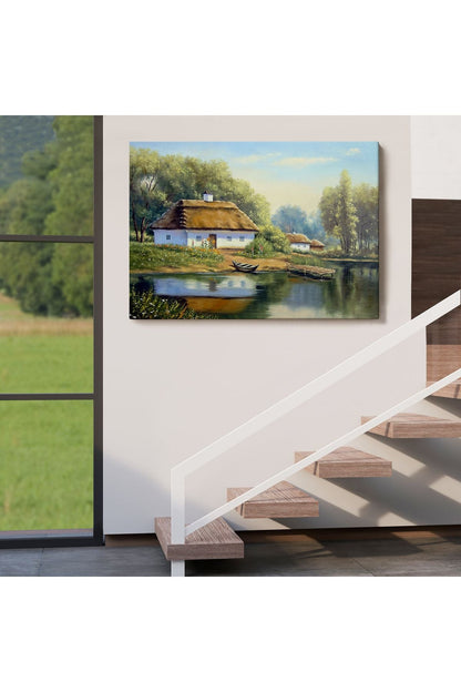Göl Manzaralı Köy Evi Yağlıboya Görünüm Dekoratif Kanvas Duvar Tablosu-3510