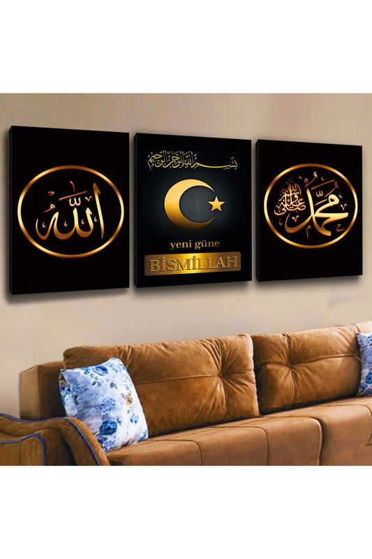 3'Lü Kanvas Allah Muhammed Lafzı Besmele Tablosu