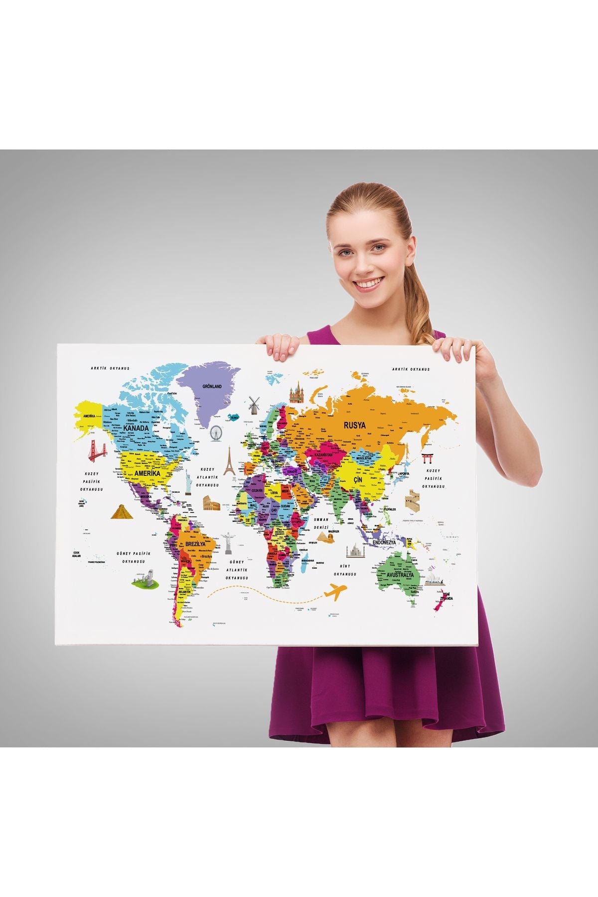 HG Türkçe Dünya Haritası Son Derece Ayrıntılı Eğitici  ve Sembollü Kanvas Tablo 3180