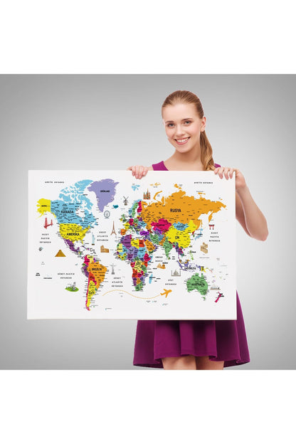 HG Türkçe Dünya Haritası Son Derece Ayrıntılı Eğitici  ve Sembollü Kanvas Tablo 3180
