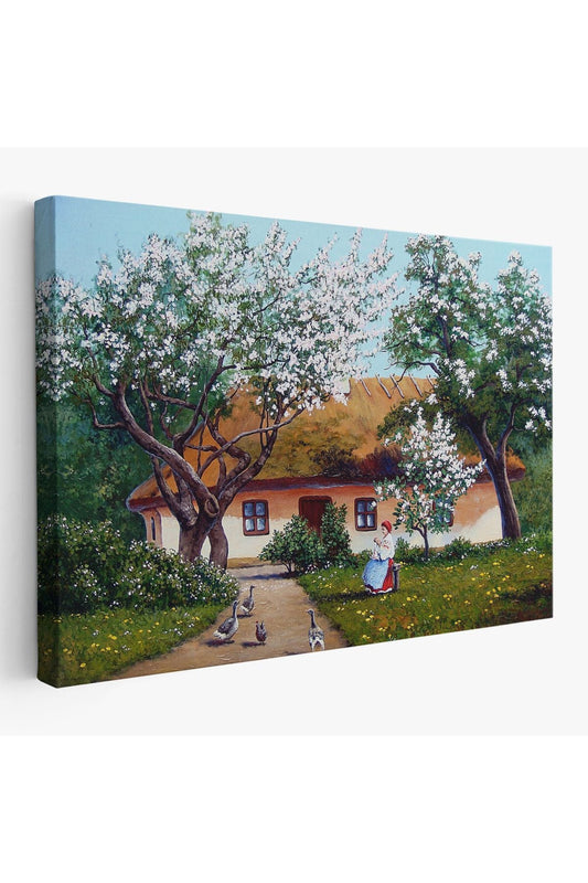 İlkbahar Köy Evi Yağlıboya Görünüm Dekoratif Kanvas Duvar Tablosu-3514