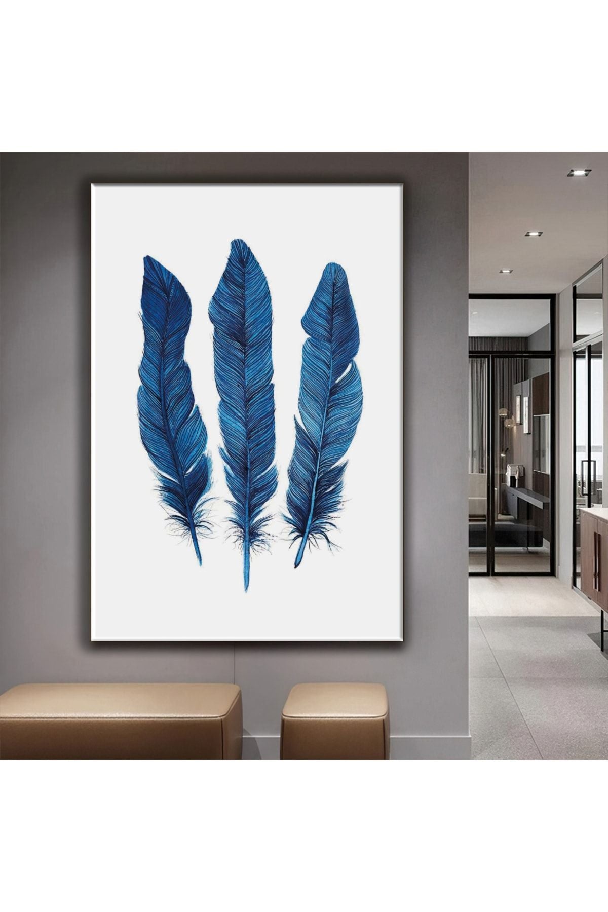 Modern Mavi Kuş Tüyü Kanvas Tablo