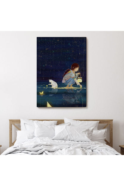 Lsm Seri001 Yıldız Toplayan Kız ve Kedi Dekoratif Duvar Tablosu-6129