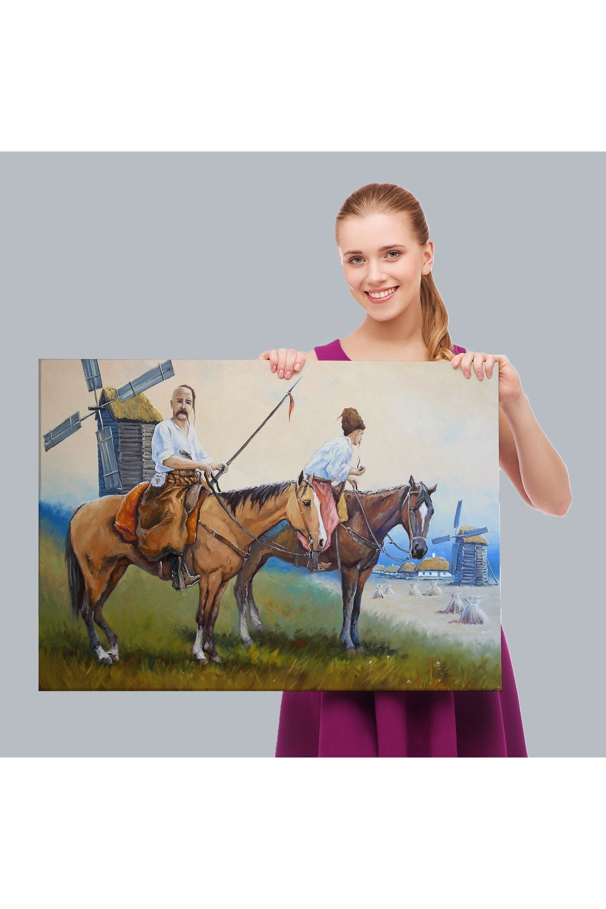 Kazakistan Kırsalında Atlı İnsanlar Yağlıboya Görünüm Kanvas Duvar Tablosu-3735