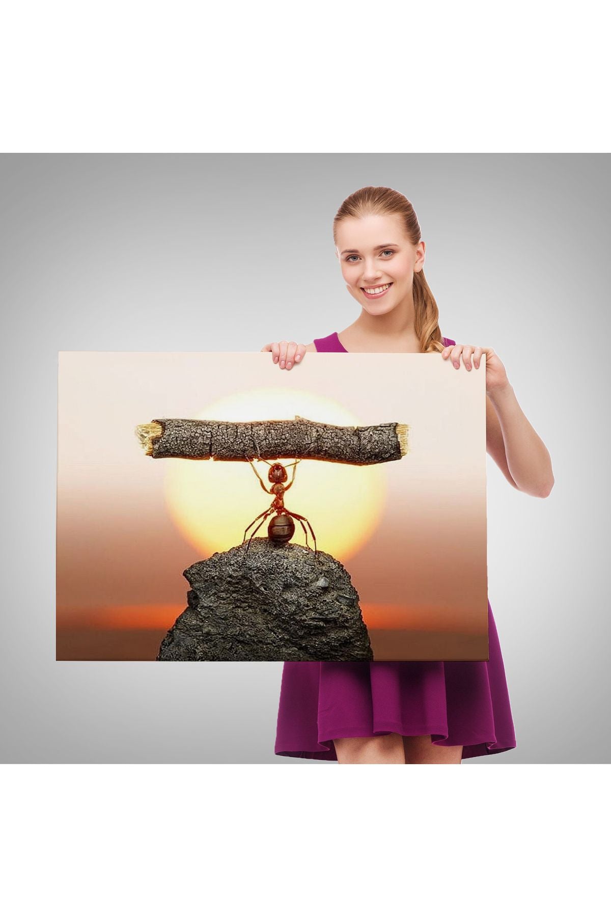 Güçlü Karınca Kanvas Duvar Sanatı, Ağacı Kaldıran Karınca, Motivasyon Tablosu-5397