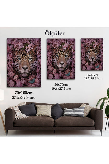Pembe Çiçekler Arasında Vahşi Leopar Dekoratif Duvar Tablosu-6195
