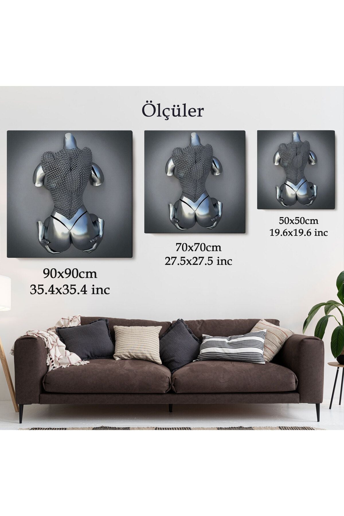 Gri Ve Gümüş Duvar Dekoru, Metalik Efektli Kanvas Tablo, Romantik Beden-5348