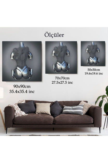 Gri Ve Gümüş Duvar Dekoru, Metalik Efektli Kanvas Tablo, Romantik Beden-5348