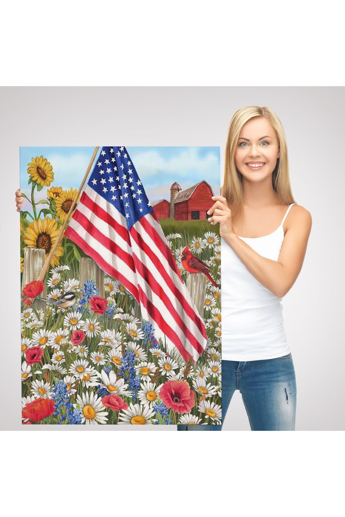 Güzel Bahçe İçierisindeki Amerka Bayrağı Duvar Tablosu-6278