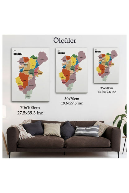 Kanvas, Duvar Tablosu, Dekoratif, İl ve İlçeler Haritası Denizli, Modern 1319 EGKNV