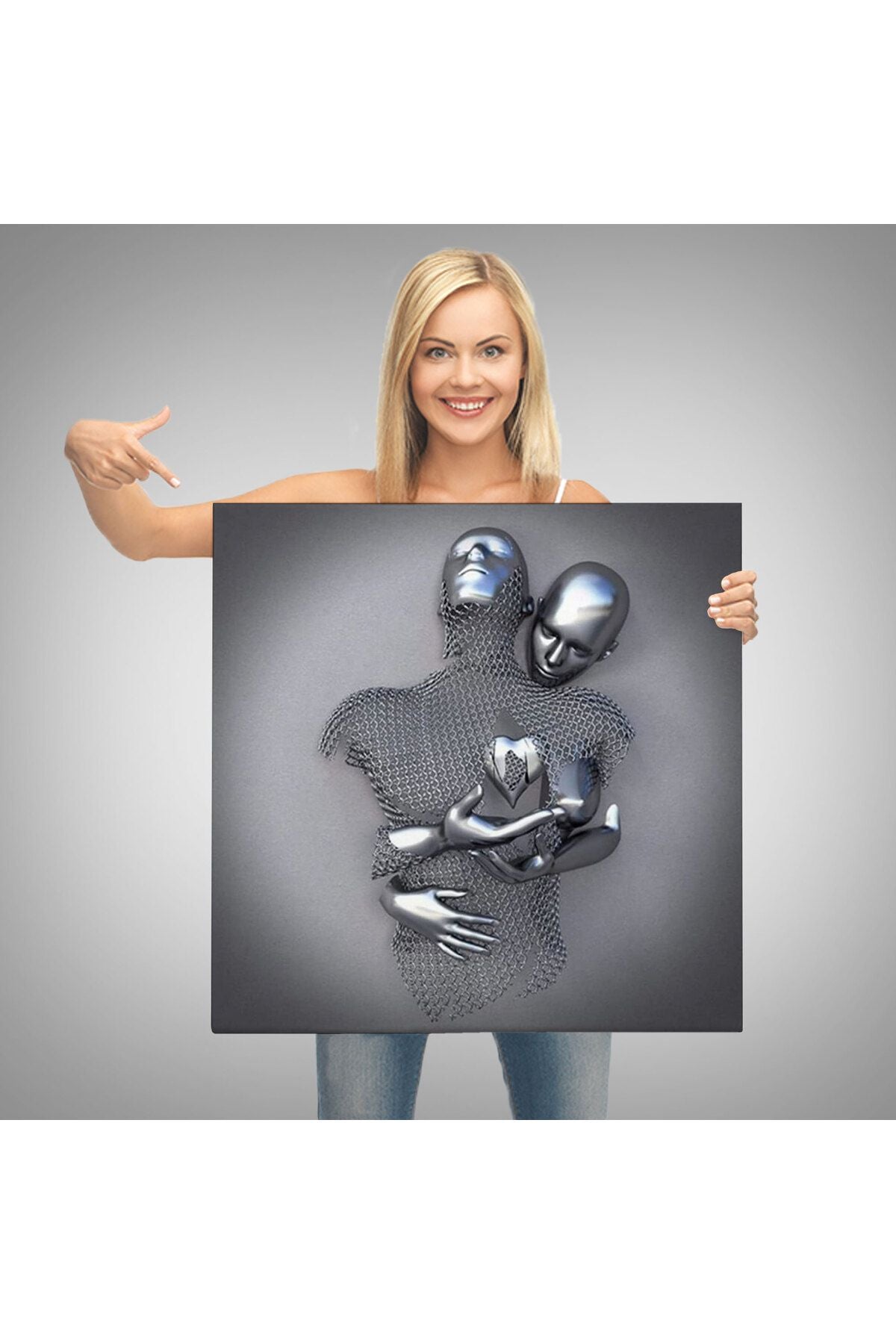 Modern Duvar Dekoru, Romantik Beden, Aşk Sanatı, 3D Efektli Gümüş Kanvas Tablo-5358