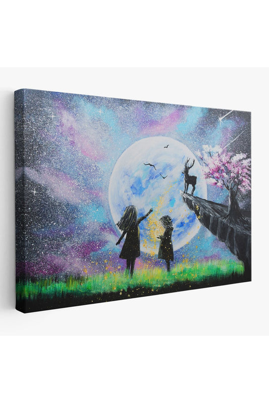 Gece Ay'ı İzleyen Çocuklar Duvar Tablosu-3470