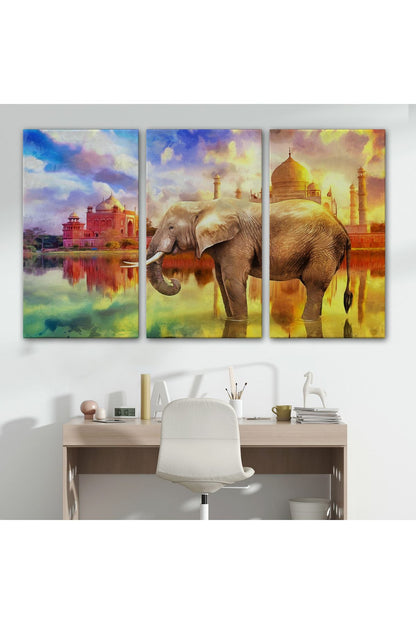 Fil ve Taç Mahal Manzaralı Yağlıboya Görünüm Dekoratif Kanvas Duvar Tablosu-3716