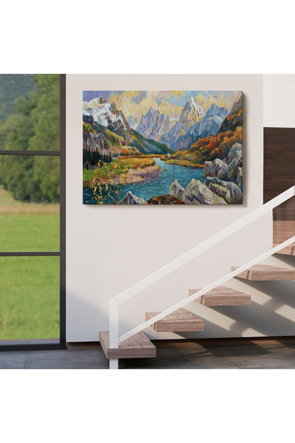 Kafkas Dağları Manzaralı, Doğa, Yağlıboya Görünüm, Dekoratif, Kanvas Tablo, Duvar Tablosu -3603