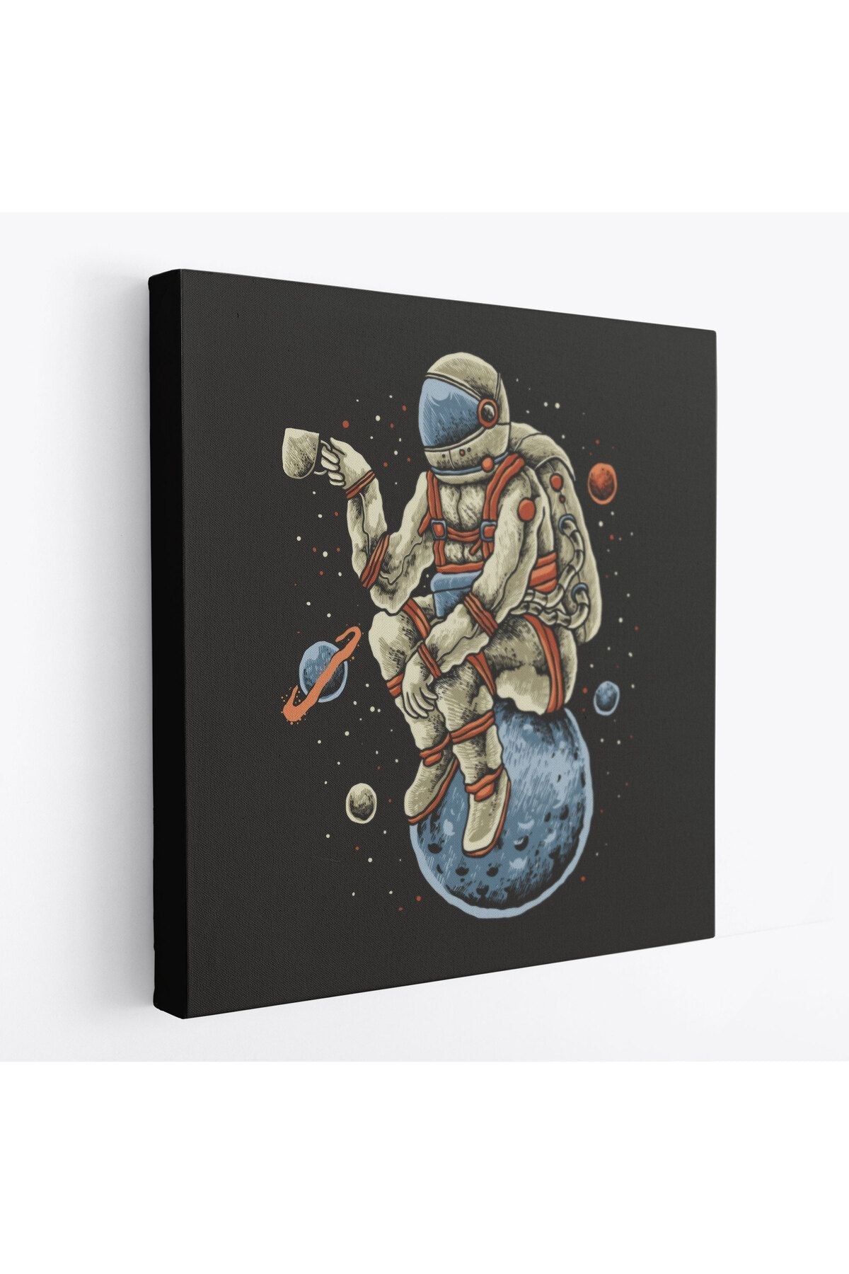 Dünya Üzerinde Dinlenip Kahve İçen Astronot Kanvas Tablo-5098