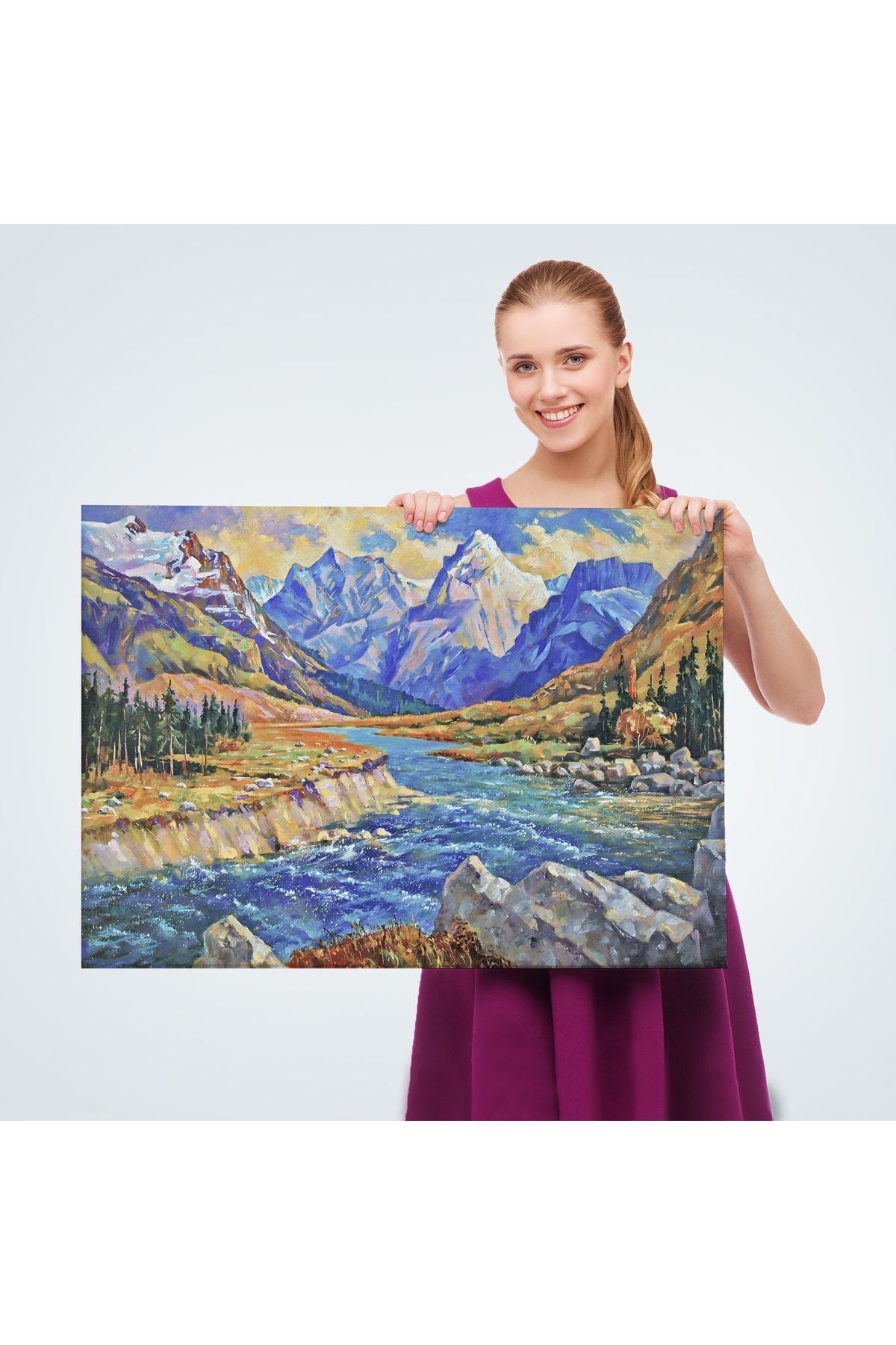 Kafkas Dağları Manzaralı Yağlıboya Görünüm Dekoratif Tablo-3611