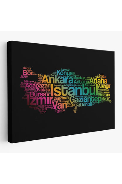 İller İsimli Siyah Zeminli Dekoratif Kanvas Tablo 1016