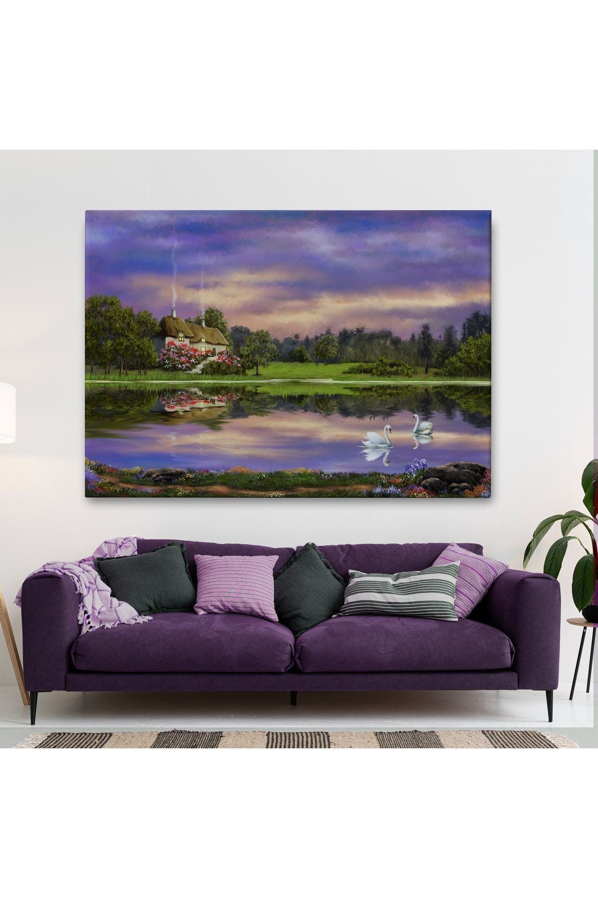 Göl Kıyısındaki Orman Evi Manzarası Yağlıboya Görünüm Dekoratif Kanvas Duvar Tablosu-3678