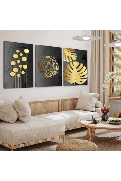 Soyut Desen Yaprak 3'Lü Kanvas Tablo