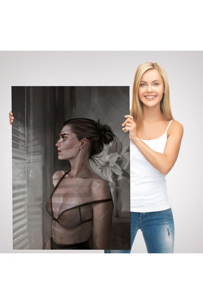 Güzel Kadın Pencereden Dışarı Bakıyor Kanvas Tablosu-5257