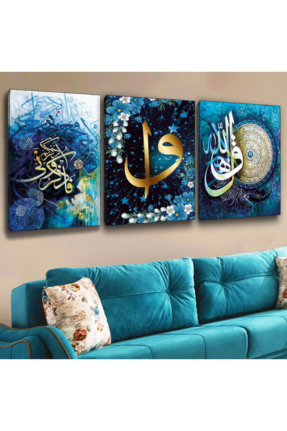 İntroya 3'Lü Kanvas Elif Vav Ve Allah Muhammed Lafzı Dini Tablo