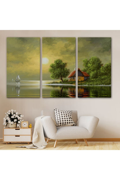 Göl Kenarındaki Köy Evi Yağlıboya Görünüm Dekoratif Kanvas Duvar Tablosu-3592