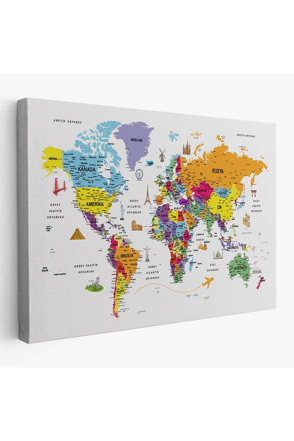 HG Türkçe Dünya Haritası Son Derece Ayrıntılı Eğitici  ve Sembollü Kanvas Tablo 3180