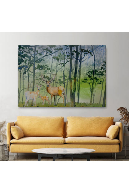 Geyik Ailesi Suluboya Görünüm Dekoratif Kanvas Duvar Tablosu-3648