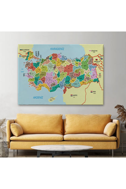 Türkiye Haritası Kanvas Tablo İl ve İlçeli Ayrıntılı Eğitici  Komşulu Tablo 3012