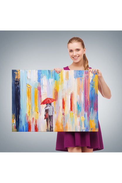 Kırmızı Şemsiyeli Sevgililer Yağlıboya Görünüm Kanvas Duvar Tablosu-3452
