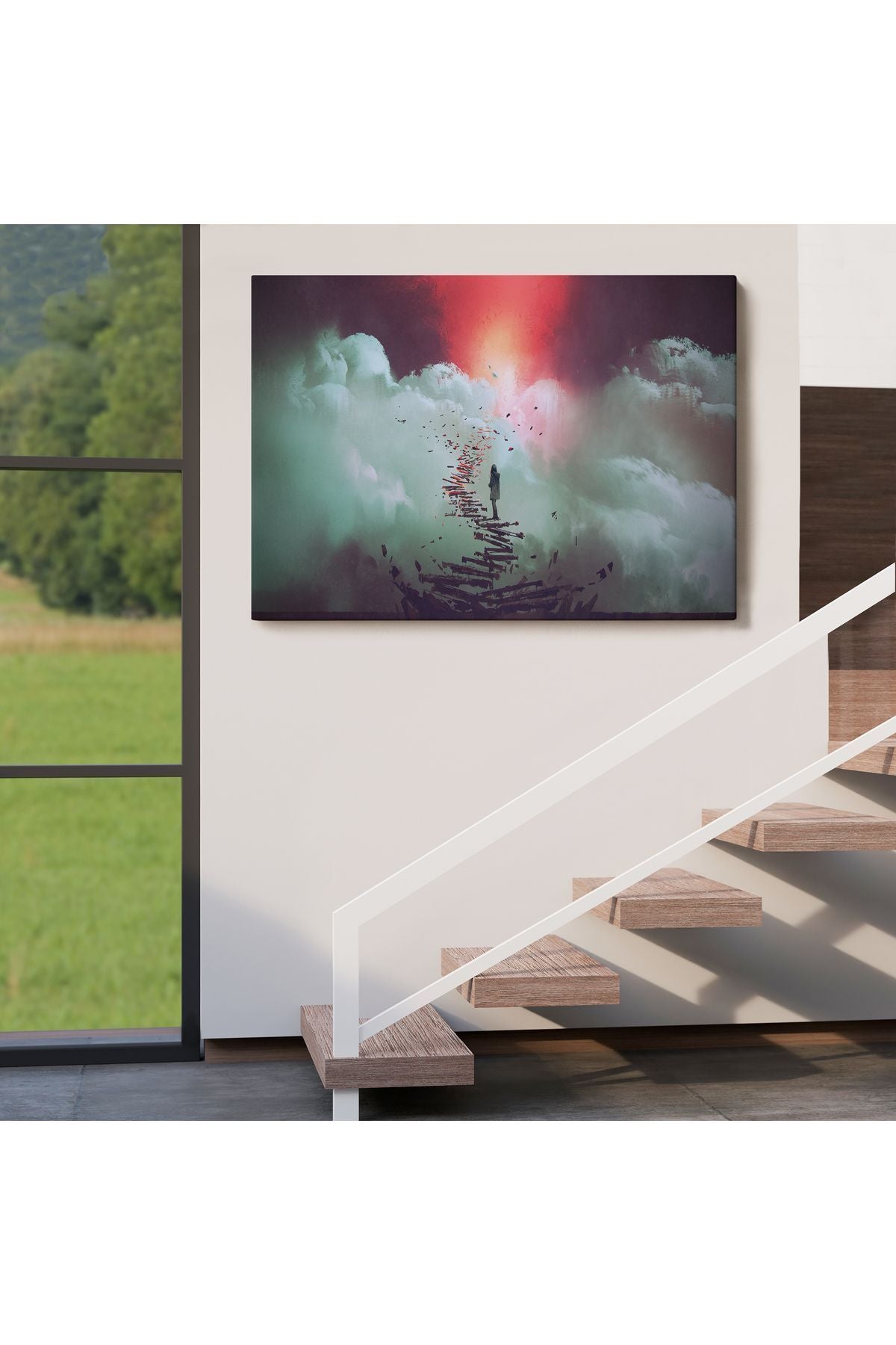 Gökyüzüne Giden Kırık Merdivenlerde Duran Genç Kadın Kanvas Tablosu-5029