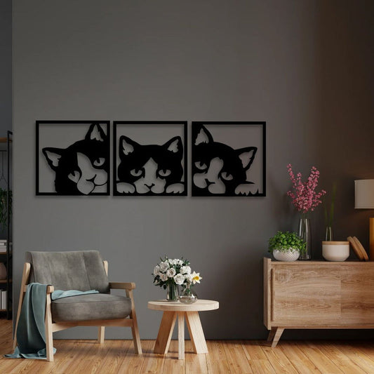 Geometrik Kedi Trio Metal Duvar Dekoru